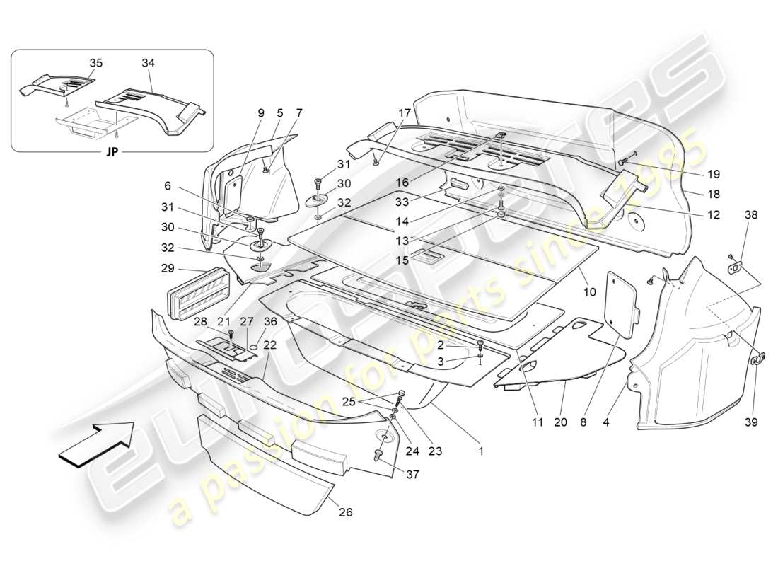 maserati granturismo s (2018) schéma des pièces des tapis de coffre à bagages