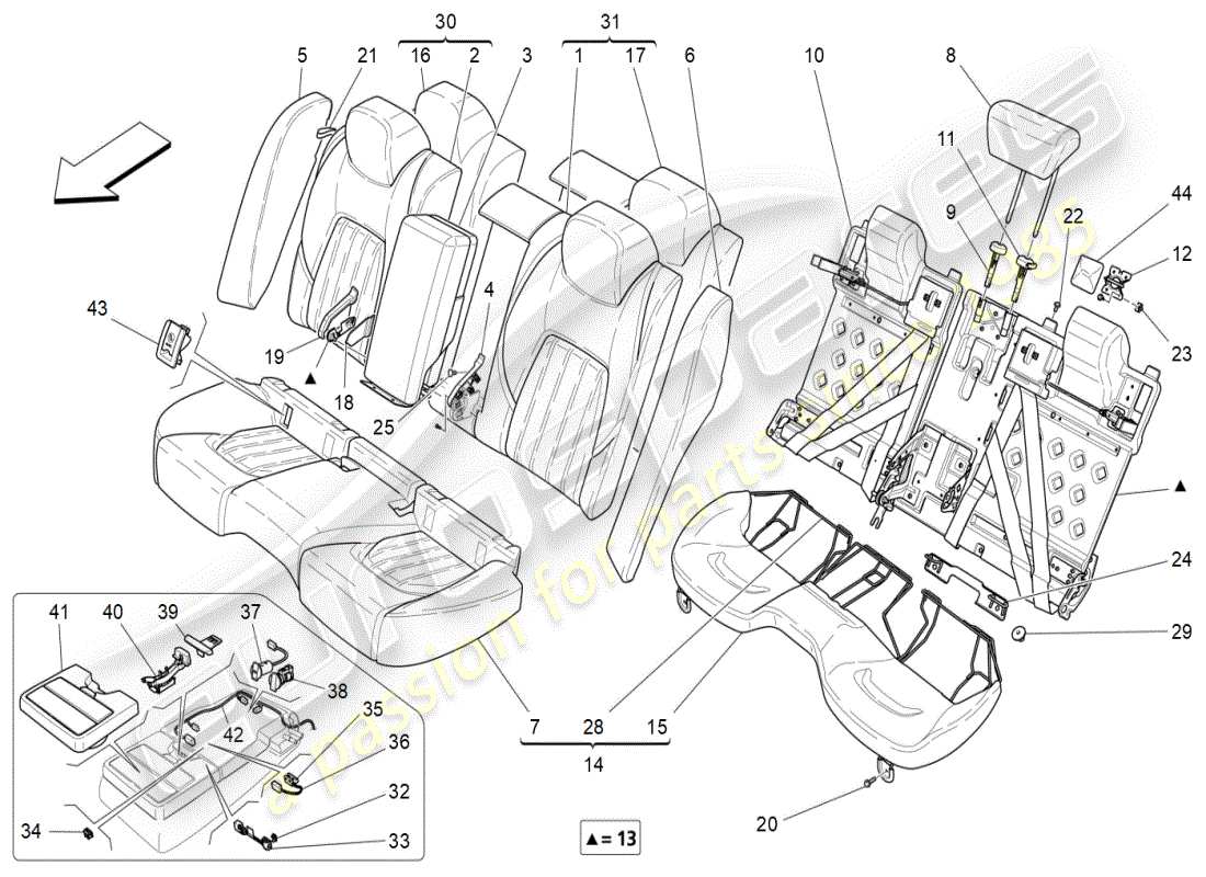 maserati ghibli (2019) sièges arrière : diagramme de pièces des panneaux de garniture