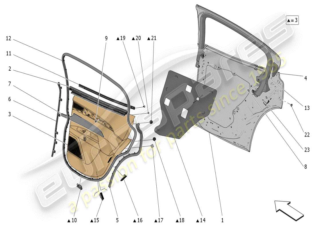 maserati grecale modena (2023) portes arrière : diagramme de pièces des panneaux de garniture