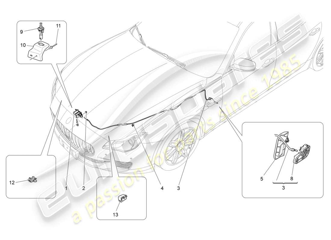 maserati quattroporte (2018) schéma des pièces du bouton d'ouverture du couvercle avant