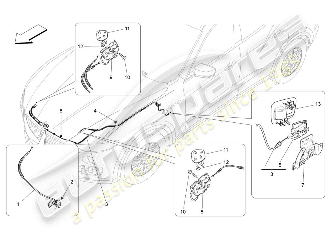 maserati levante (2020) bouton d'ouverture du couvercle avant schéma des pièces