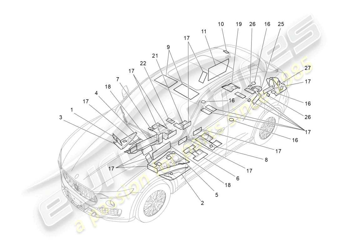 maserati levante modena (2022) panneaux d'insonorisation à l'intérieur du schéma des pièces du véhicule