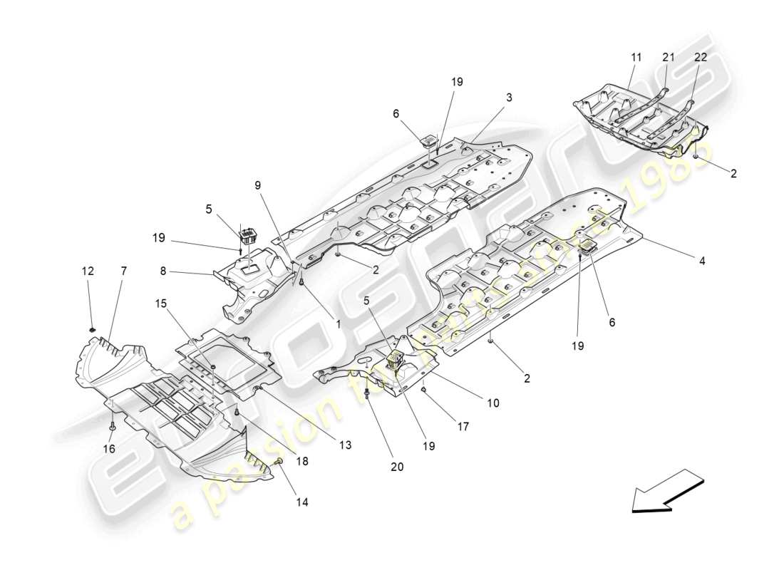 maserati levante modena (2022) schéma des pièces du soubassement et des protections de soubassement