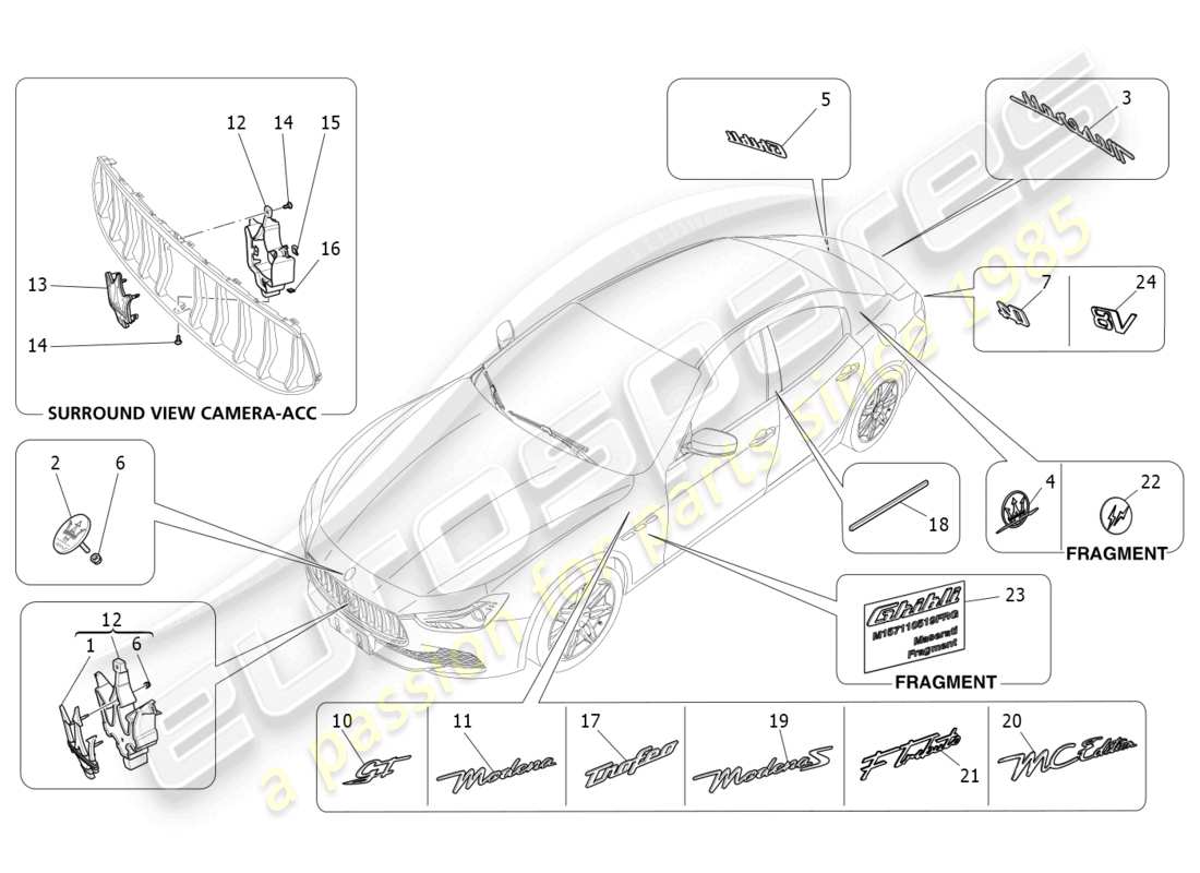 maserati ghibli fragment (2022) diagramme des pièces des garnitures, marques et symboles