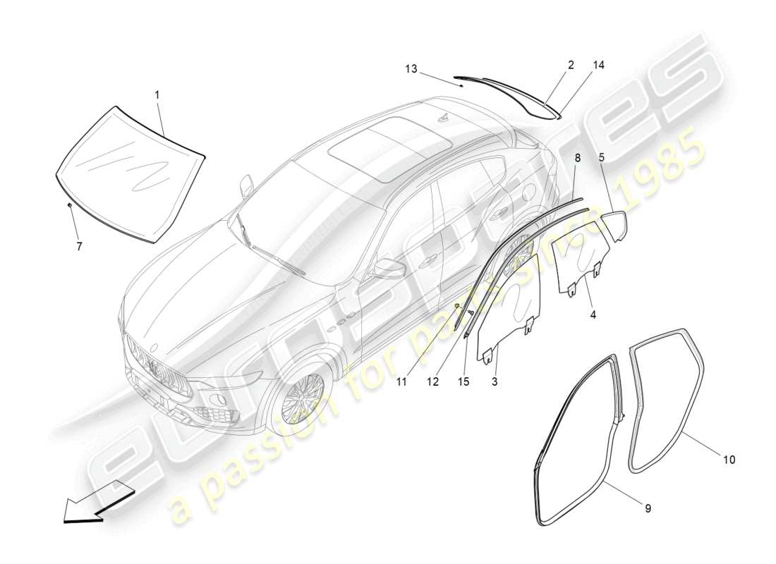 maserati levante modena (2022) diagramme de pièces de fenêtres et de bandes de fenêtre