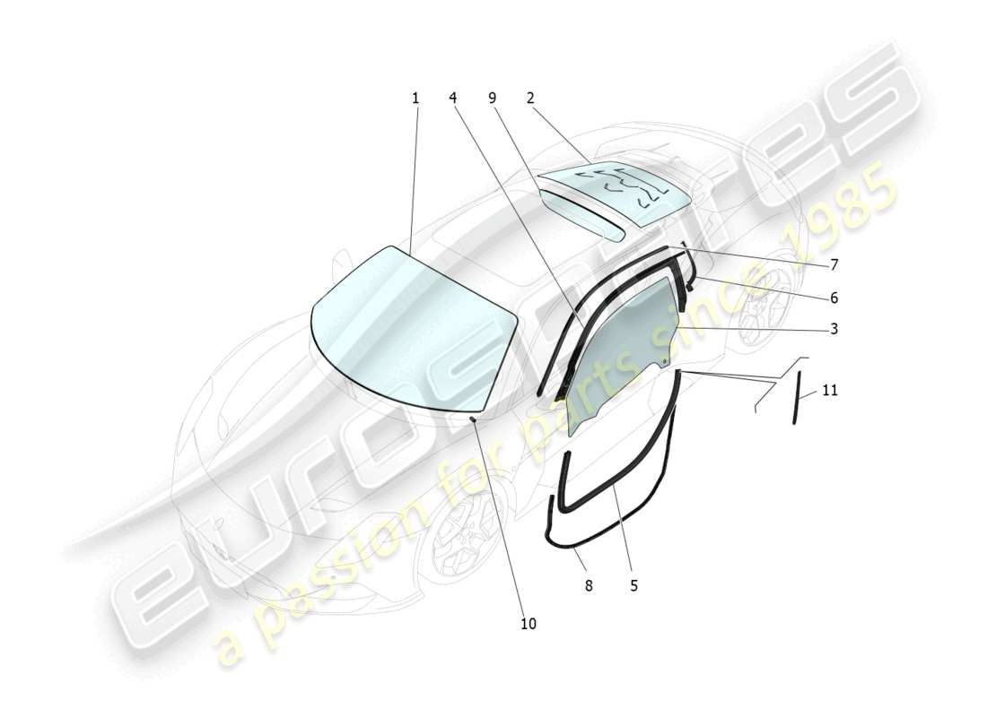 maserati mc20 (2022) diagramme de pièces de fenêtres et de bandes de fenêtre