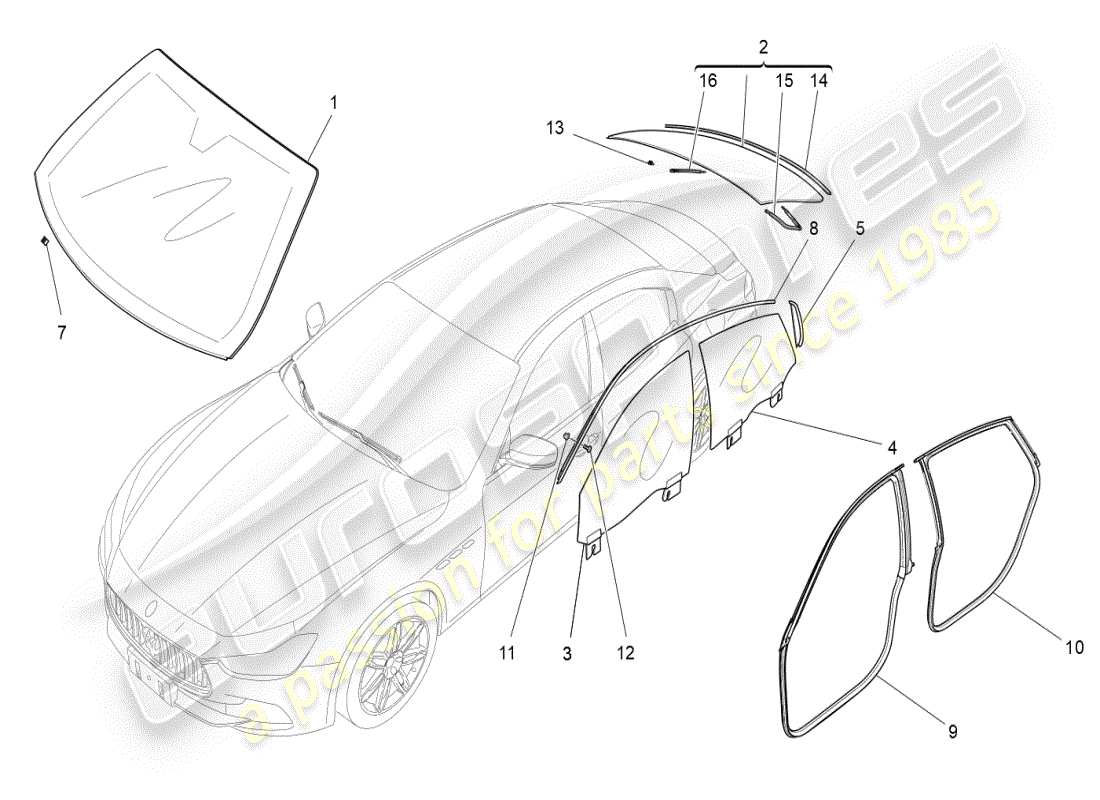 maserati ghibli (2019) diagramme de pièces de fenêtres et de bandes de fenêtre