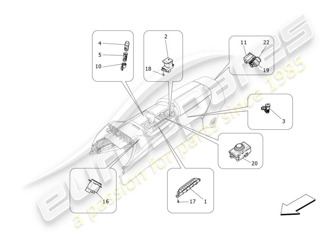 maserati levante modena (2022) schéma des pièces des appareils de la console centrale