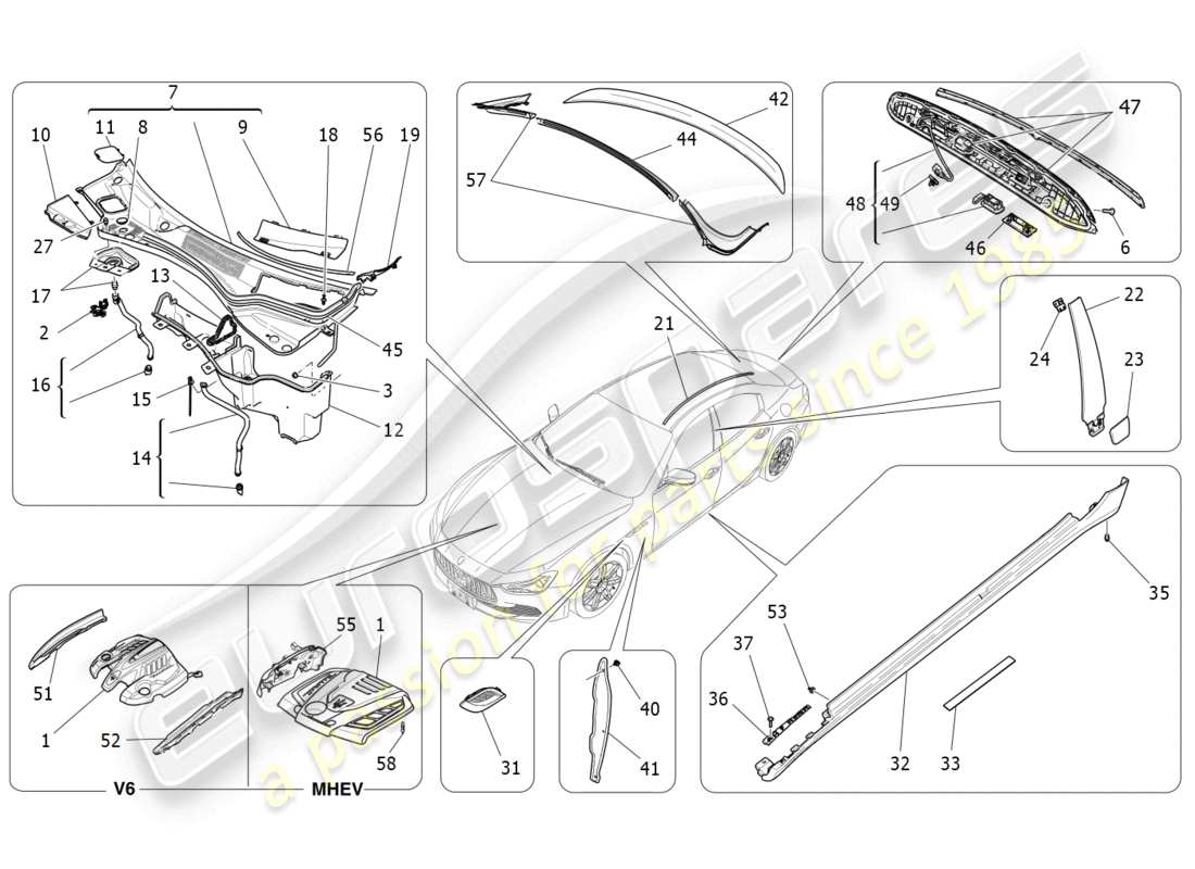 maserati ghibli fragment (2022) schéma des pièces des boucliers, des garnitures et des panneaux de revêtement