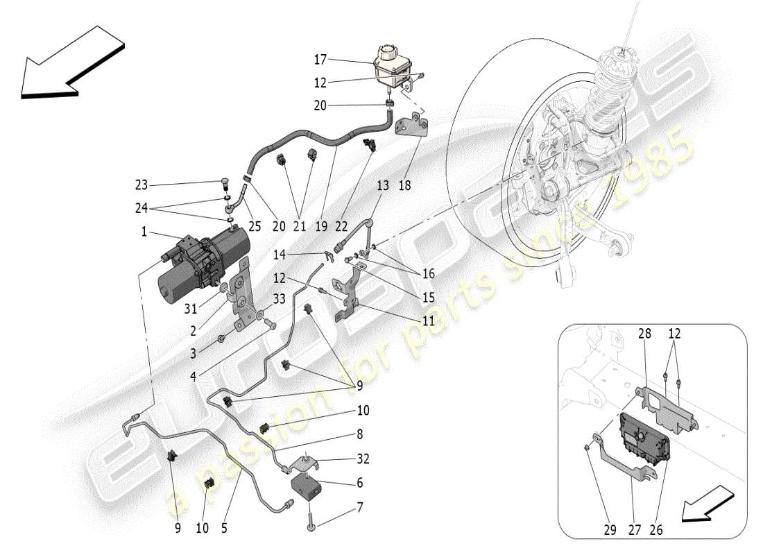 maserati mc20 (2024) système hydraulique levage de l'essieu avant schéma des pièces