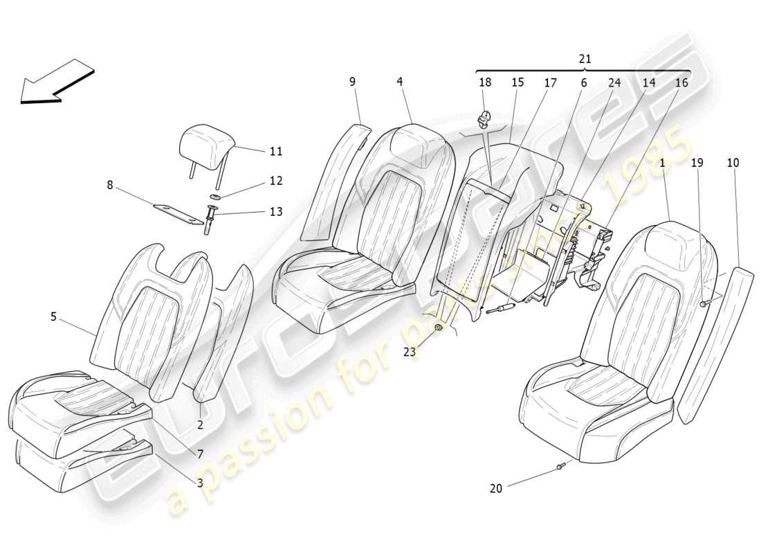 maserati quattroporte (2018) sièges arrière : diagramme de pièces des panneaux de garniture