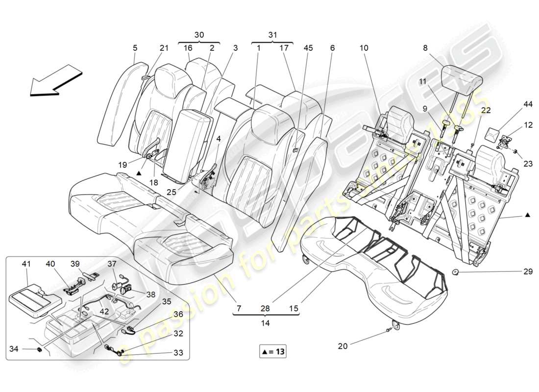 maserati quattroporte (2018) sièges arrière : diagramme de pièces des panneaux de garniture