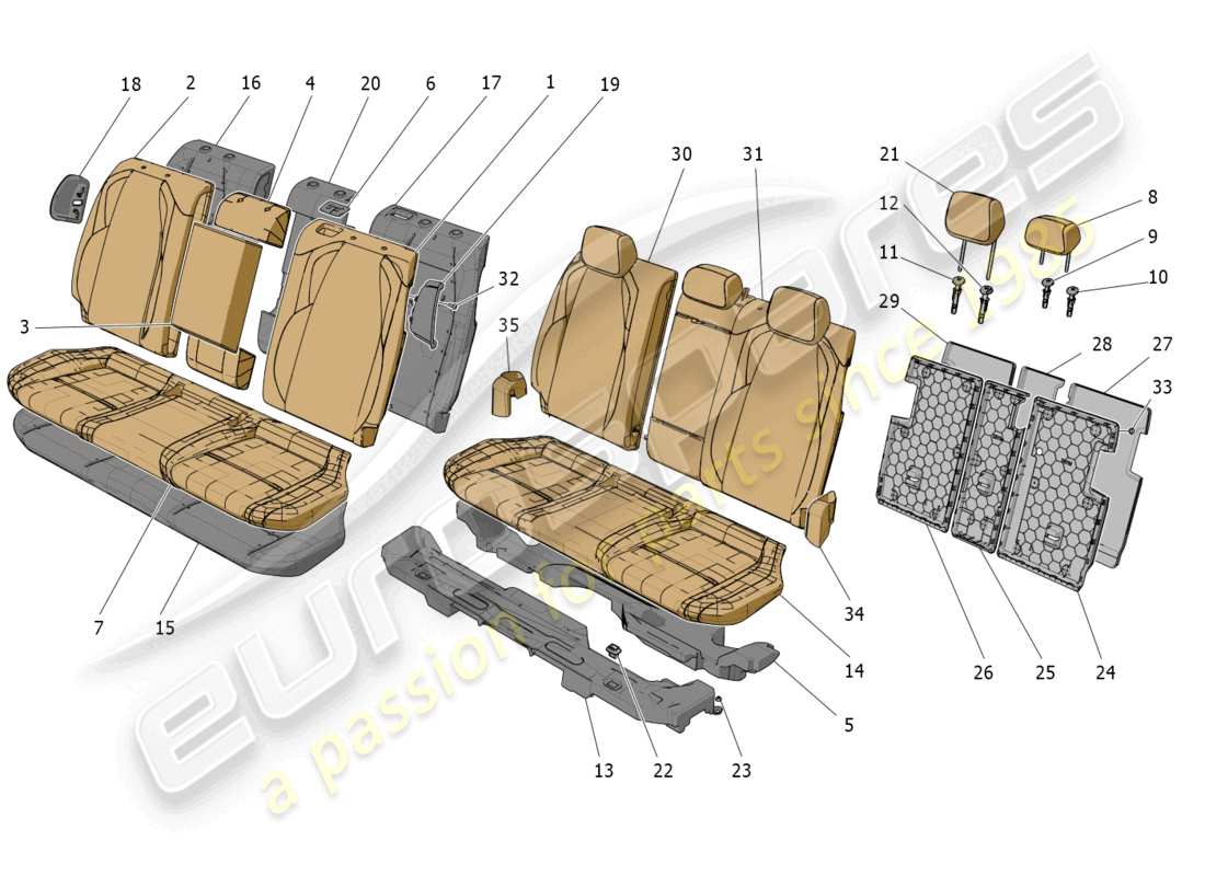 maserati grecale trofeo (2023) sièges arrière : diagramme de pièces des panneaux de garniture
