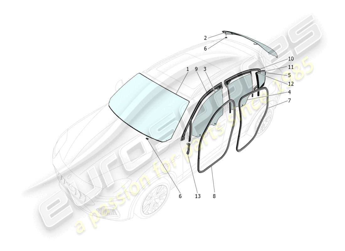 maserati grecale gt (2023) diagramme de pièces de fenêtres et de bandes de fenêtre