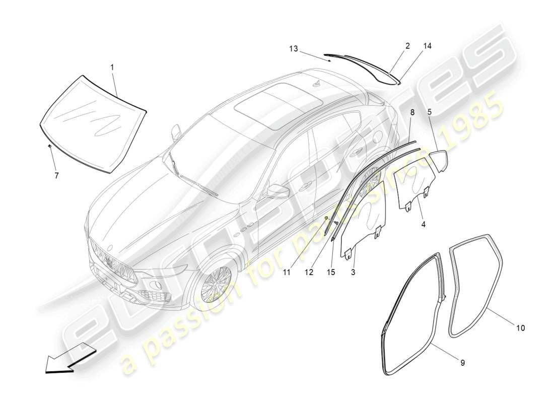 maserati levante (2020) fenêtres et bandes de fenêtres schéma des pièces