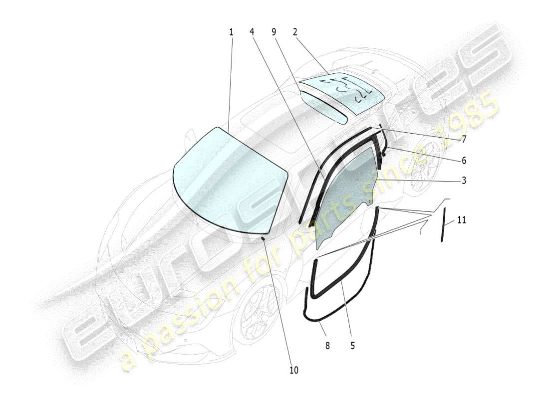 maserati mc20 (2024) diagramme de pièces de fenêtres et de bandes de fenêtre