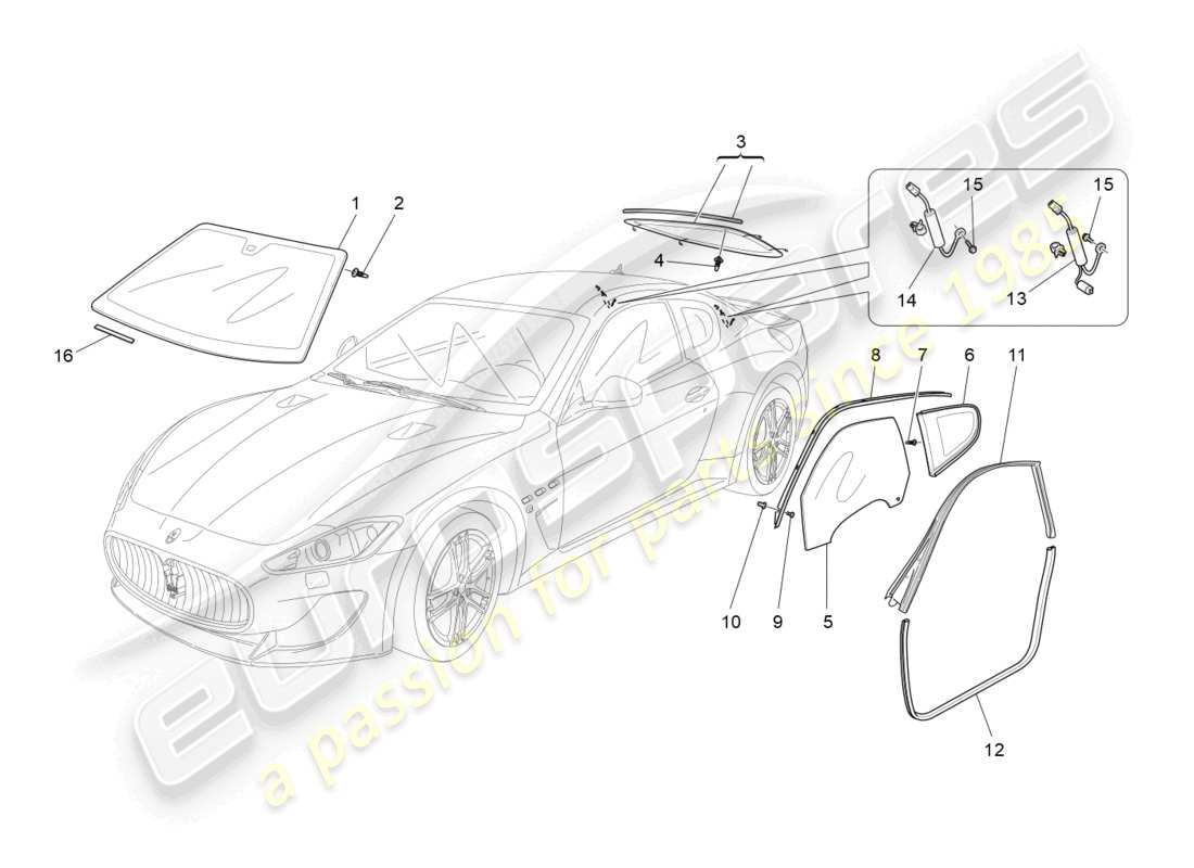 maserati granturismo mc stradale (2011) diagramme de pièces de fenêtres et de bandes de fenêtre