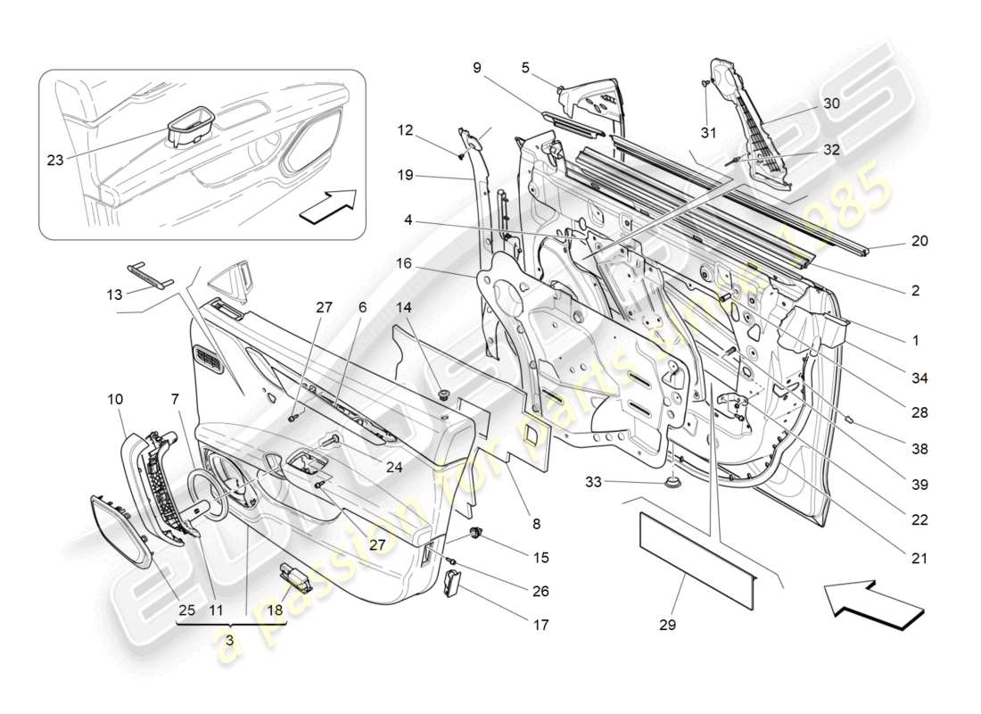 maserati quattroporte (2018) portes avant : diagramme de pièces des panneaux de garniture