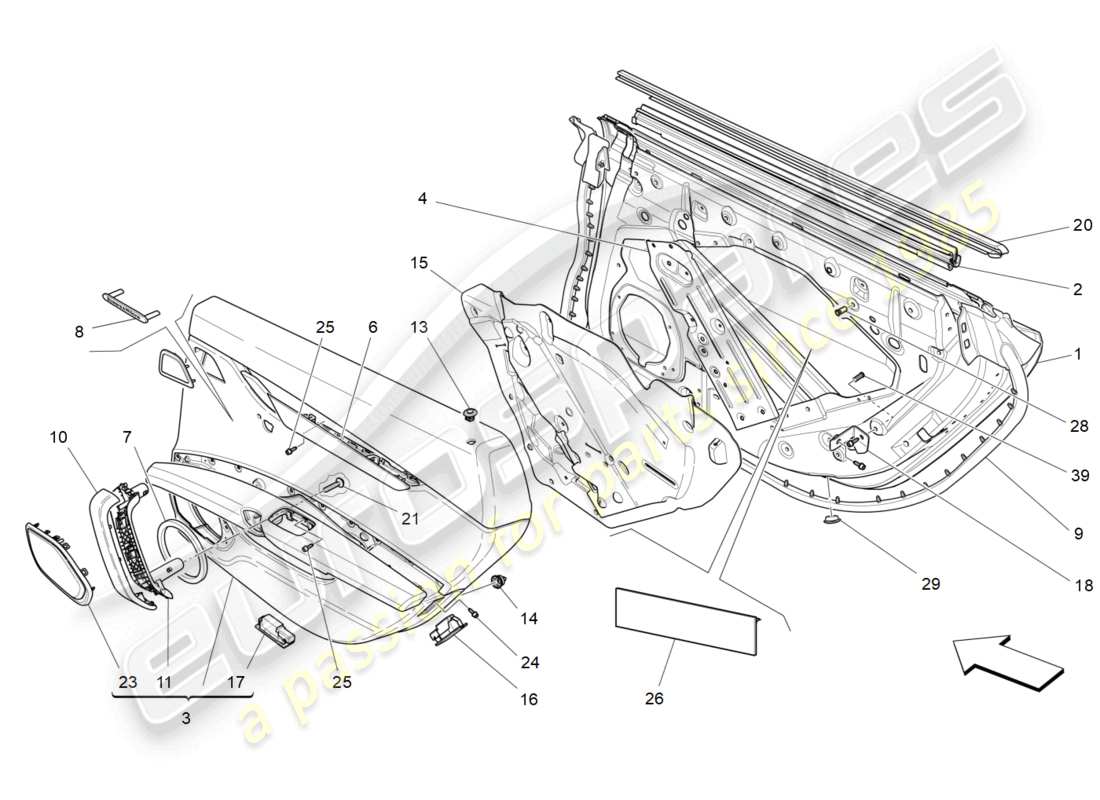 maserati ghibli (2017) portes arrière : diagramme de pièces des panneaux de garniture