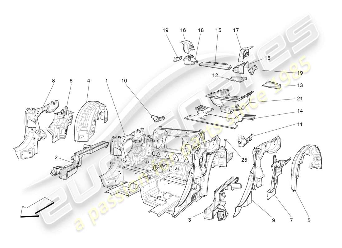 maserati grancabrio mc (2013) schéma des pièces des cadres structurels arrière et des panneaux en tôle