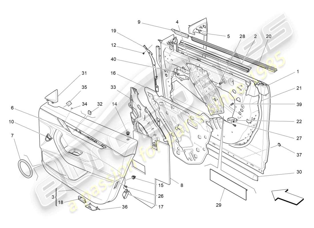 maserati levante modena (2022) portes avant : diagramme de pièces des panneaux de garniture