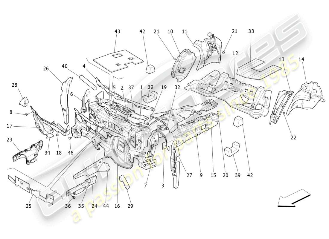 maserati ghibli (2015) panneaux d'insonorisation à l'intérieur du schéma des pièces du véhicule