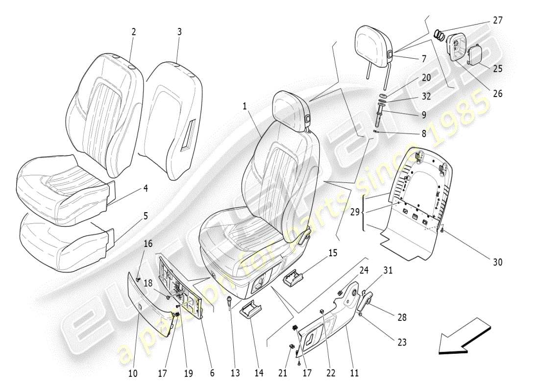maserati ghibli (2019) sièges avant : diagramme de pièces des panneaux de garniture