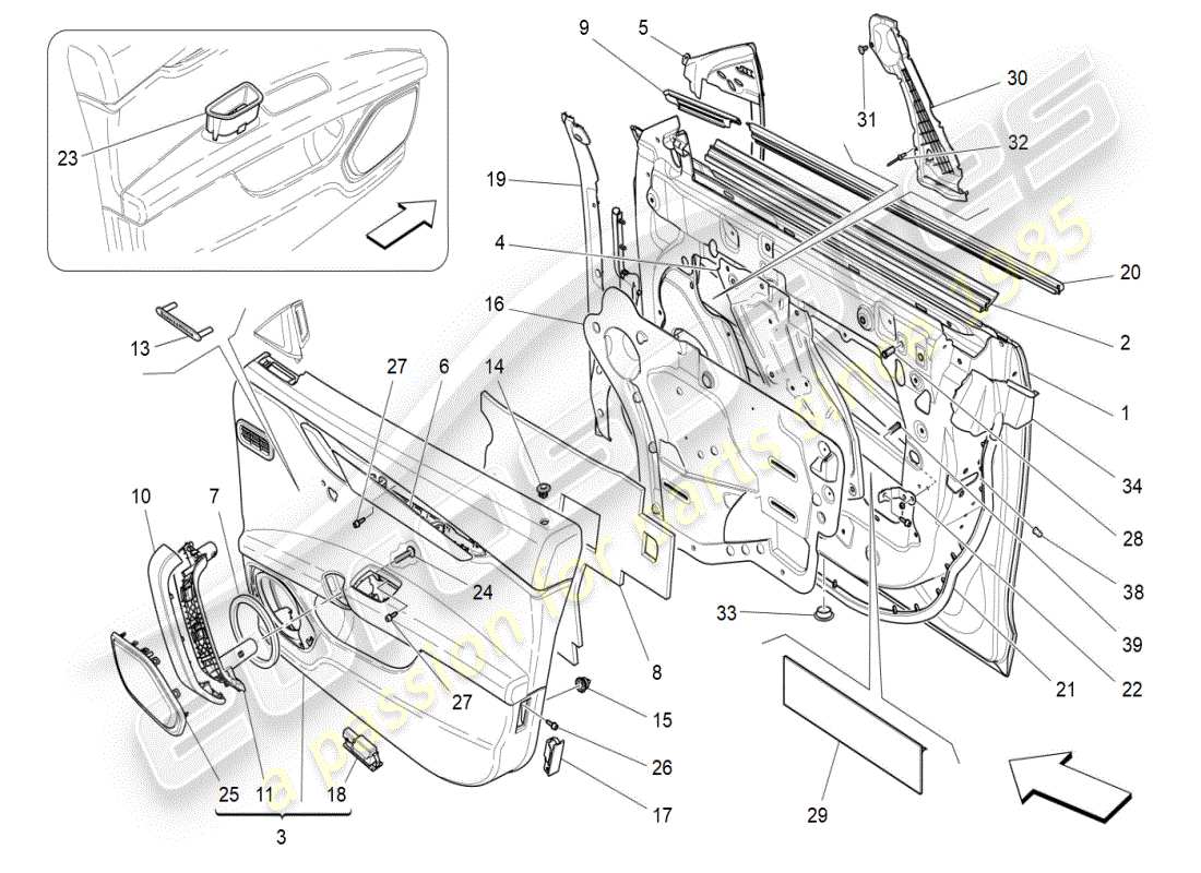 maserati ghibli (2019) portes avant : diagramme de pièces des panneaux de garniture
