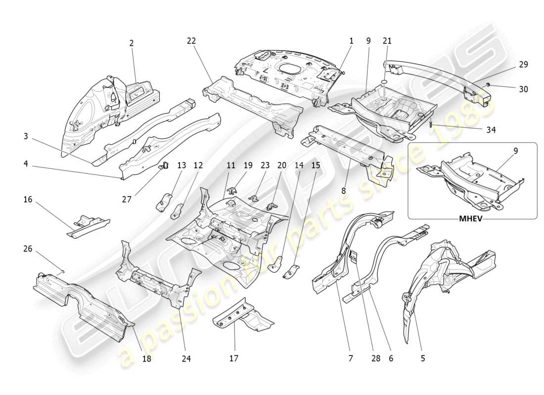 maserati ghibli fragment (2022) schéma des pièces des cadres structurels arrière et des panneaux en tôle