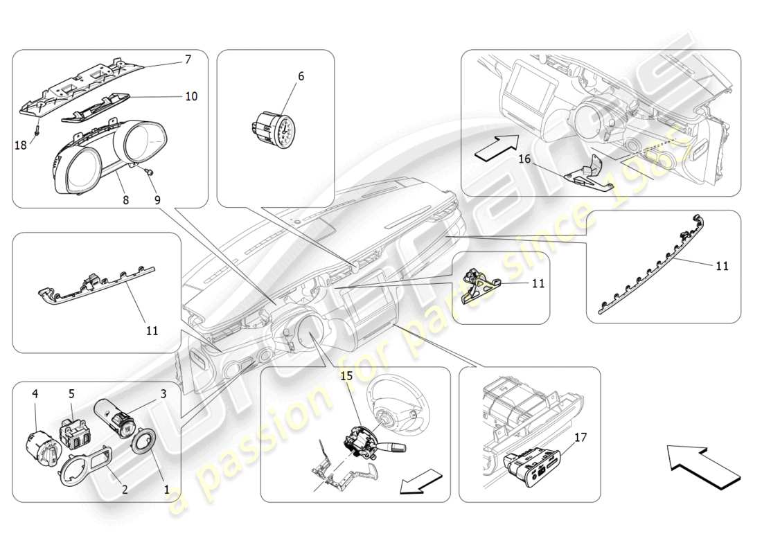 maserati quattroporte (2018) dispositifs de tableau de bord schéma des pièces