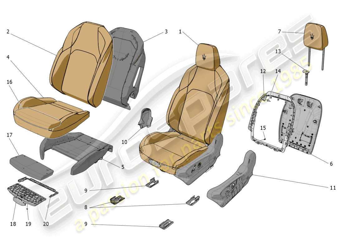 maserati grecale gt (2023) sièges avant : diagramme de pièces des panneaux de garniture