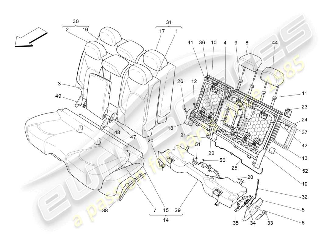 maserati levante gt (2022) sièges arrière : diagramme de pièces des panneaux de garniture