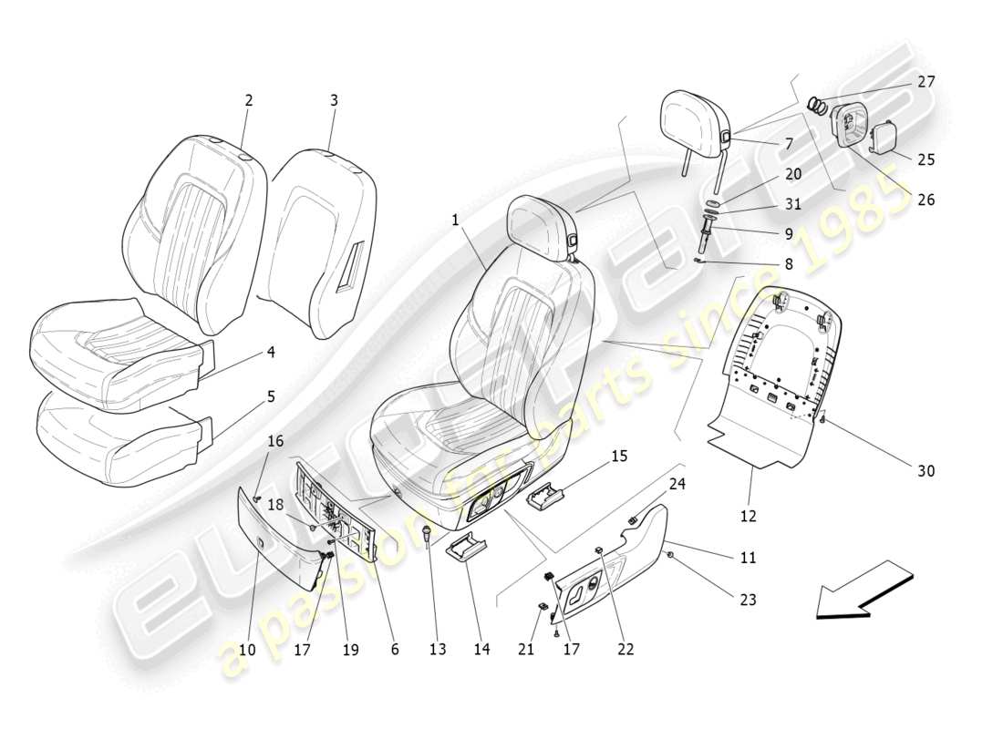maserati quattroporte (2018) sièges avant : diagramme de pièces des panneaux de garniture