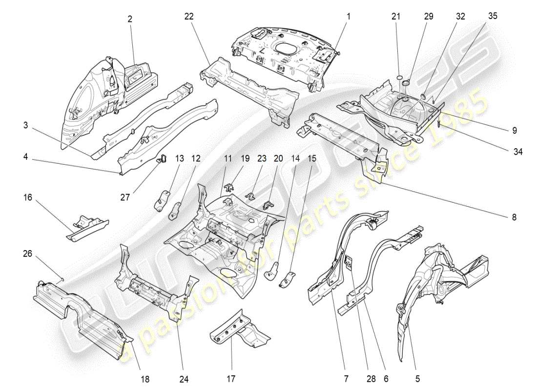 maserati ghibli (2019) schéma des pièces des cadres structurels arrière et des panneaux en tôle