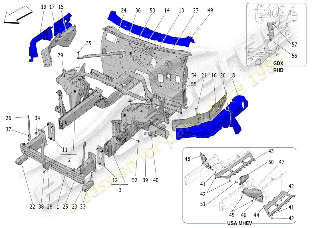 maserati grecale modena (2023) schéma des pièces des cadres structurels avant et des panneaux en tôle
