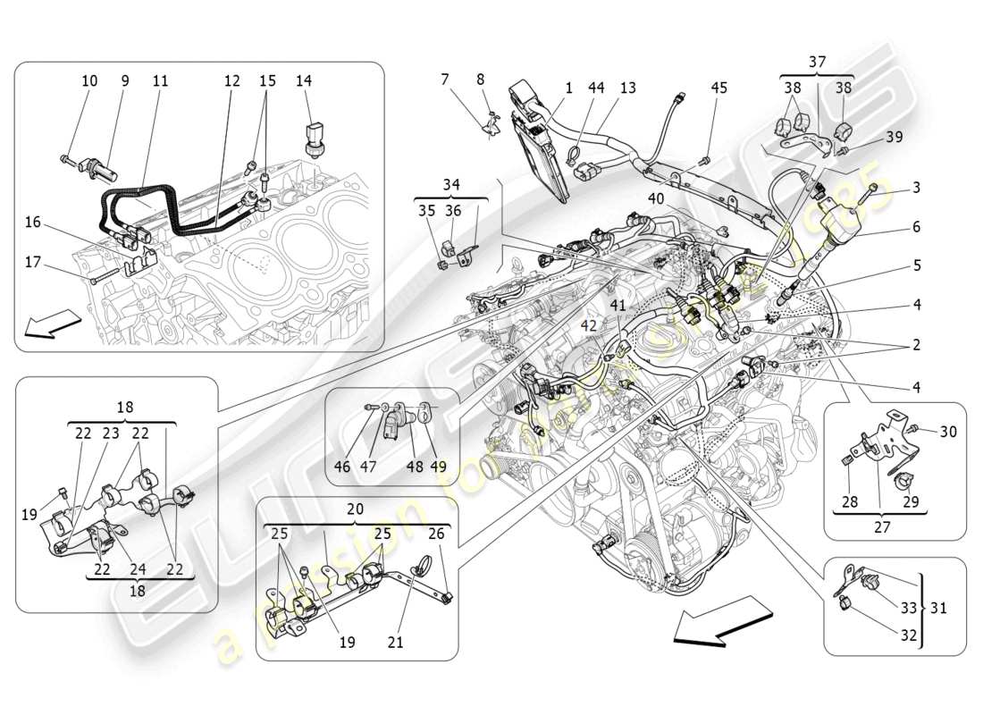 maserati ghibli (2017) commande électronique : diagramme des pièces de commande d'injection et de synchronisation du moteur