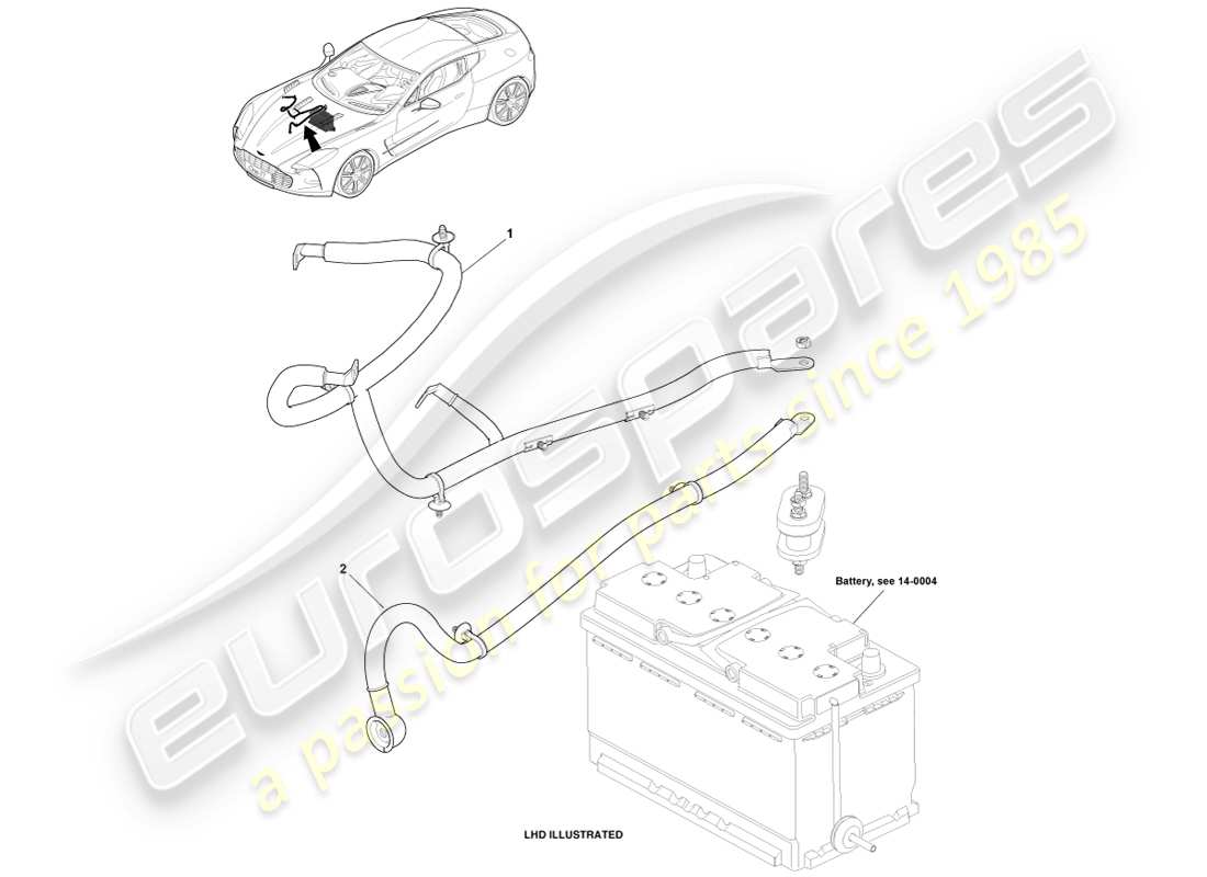 aston martin one-77 (2011) câbles de batterie, diagramme de pièces du compartiment moteur