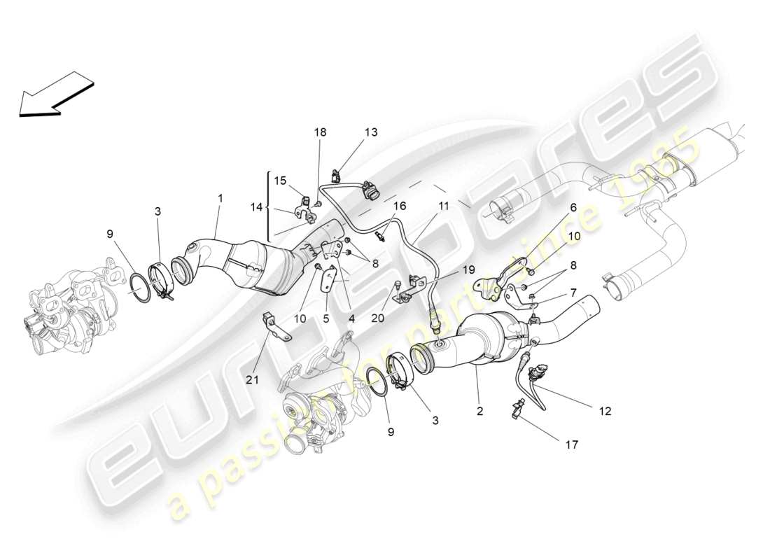 maserati ghibli (2017) diagramme des pièces des convertisseurs pré-catalytiques et des convertisseurs catalytiques