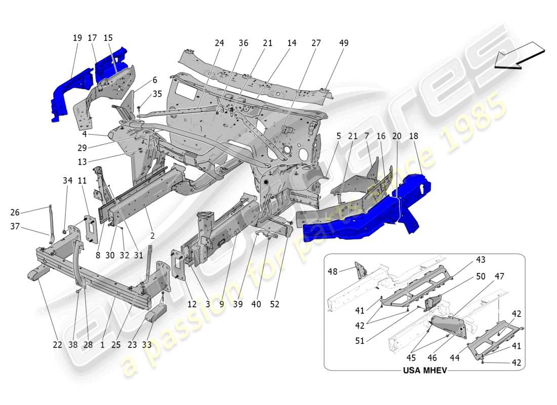 maserati grecale trofeo (2023) schéma des pièces des cadres structurels avant et des panneaux en tôle