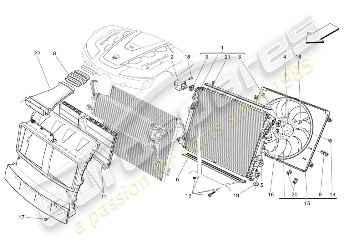 maserati levante (2020) refroidissement : diagramme de pièces des radiateurs et des conduits d'air