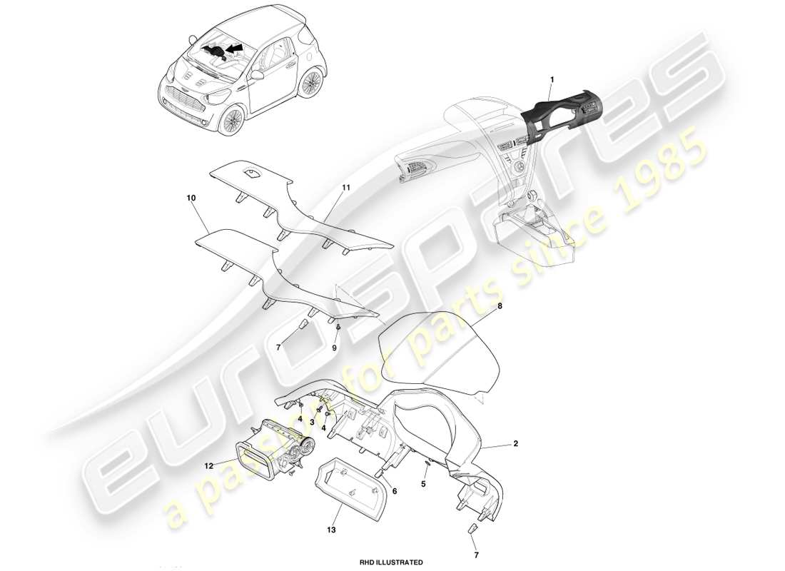 aston martin cygnet (2012) capot de groupe de tableau de bord ip schéma des pièces