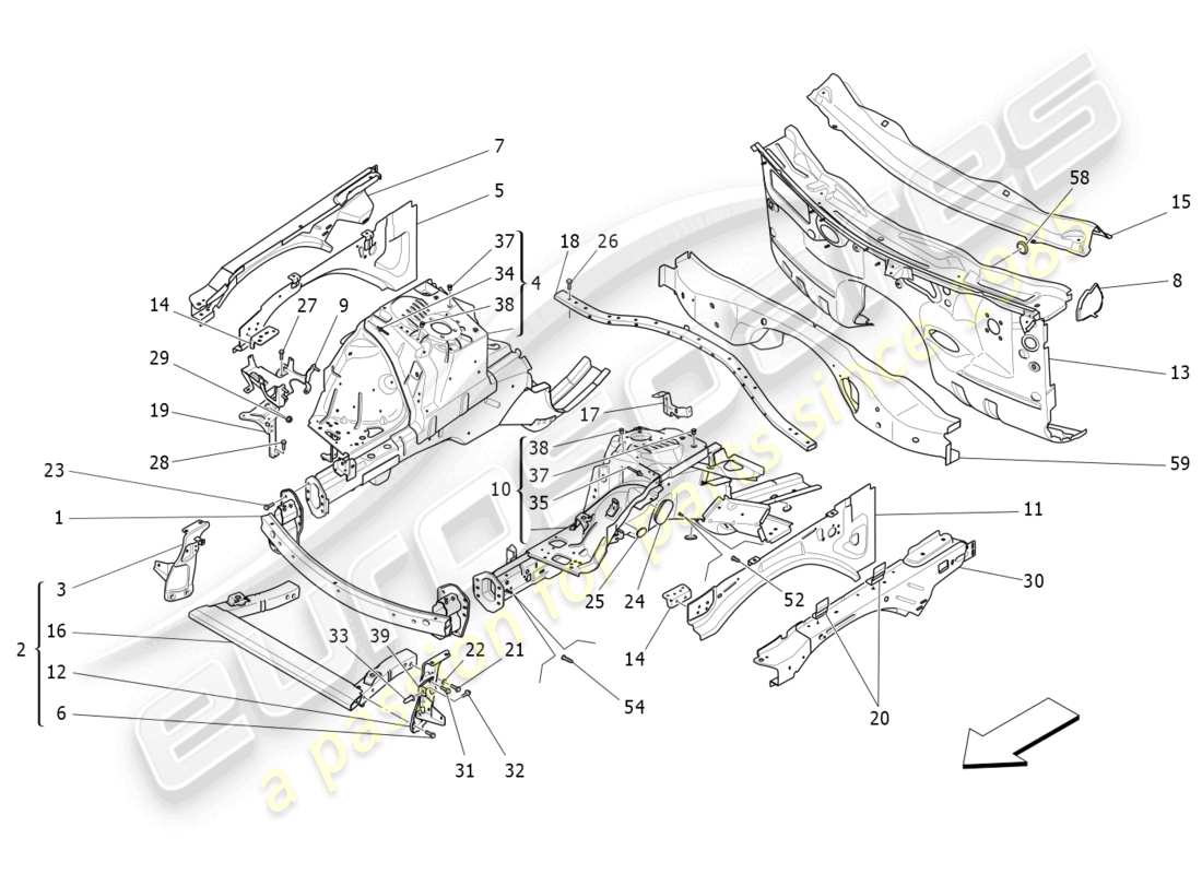 maserati levante modena (2022) schéma des pièces des cadres structurels avant et des panneaux en tôle