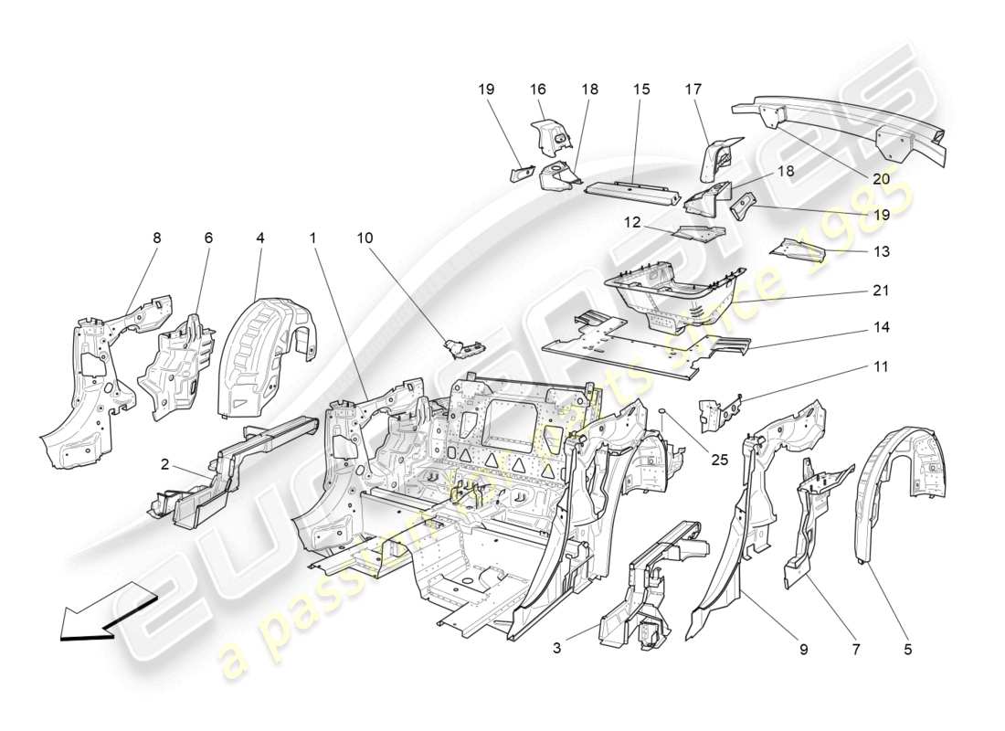 maserati grancabrio mc (2013) schéma des pièces des cadres structurels arrière et des panneaux en tôle
