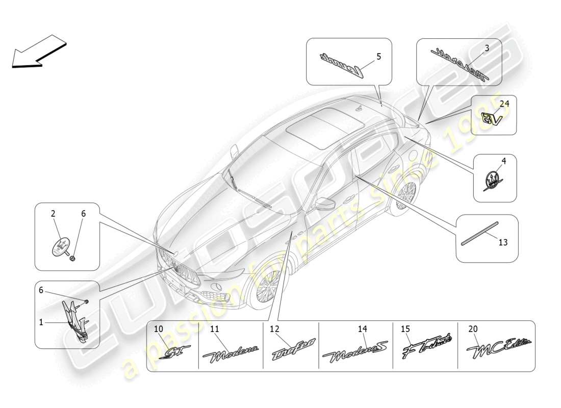 maserati levante gt (2022) diagramme des pièces des garnitures, marques et symboles