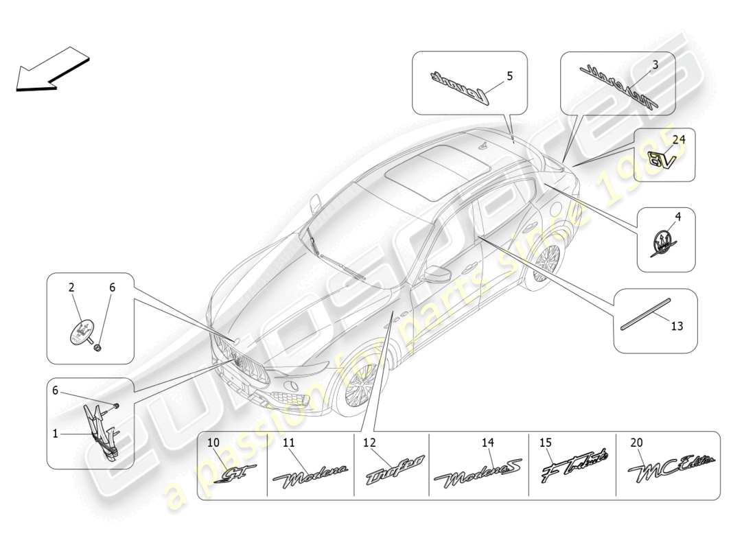 maserati levante gt (2022) diagramme des pièces des garnitures, marques et symboles