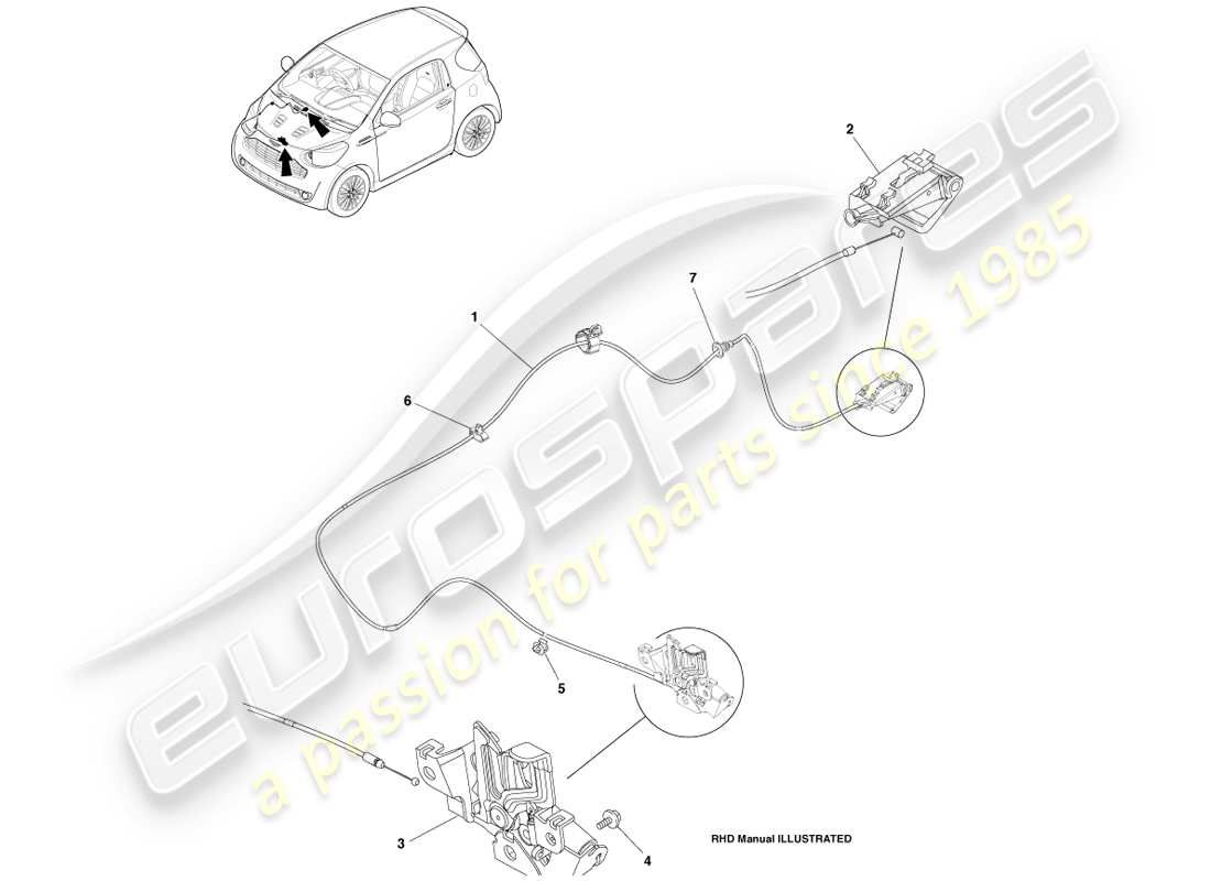aston martin cygnet (2012) loquet et actionnement du capot schéma des pièces