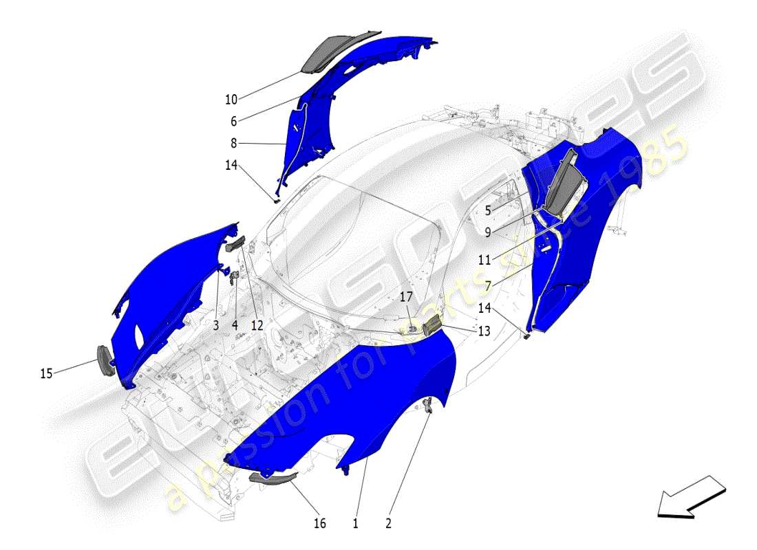 maserati mc20 (2024) revêtement extérieur schéma des pièces