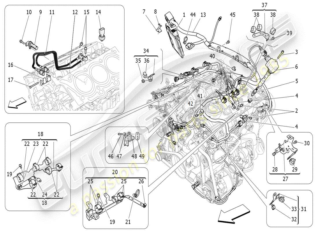 maserati ghibli (2019) commande électronique : diagramme des pièces de commande d'injection et de synchronisation du moteur