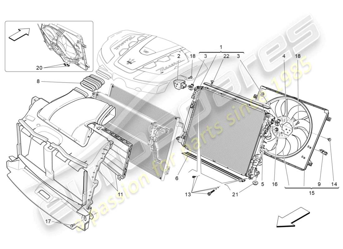 maserati quattroporte (2018) refroidissement : diagramme de pièces des radiateurs et des conduits d'air