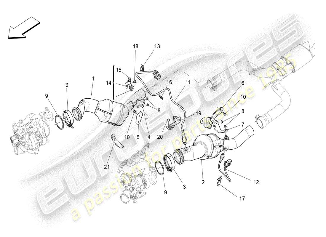 maserati ghibli (2019) diagramme des pièces des convertisseurs pré-catalytiques et des convertisseurs catalytiques